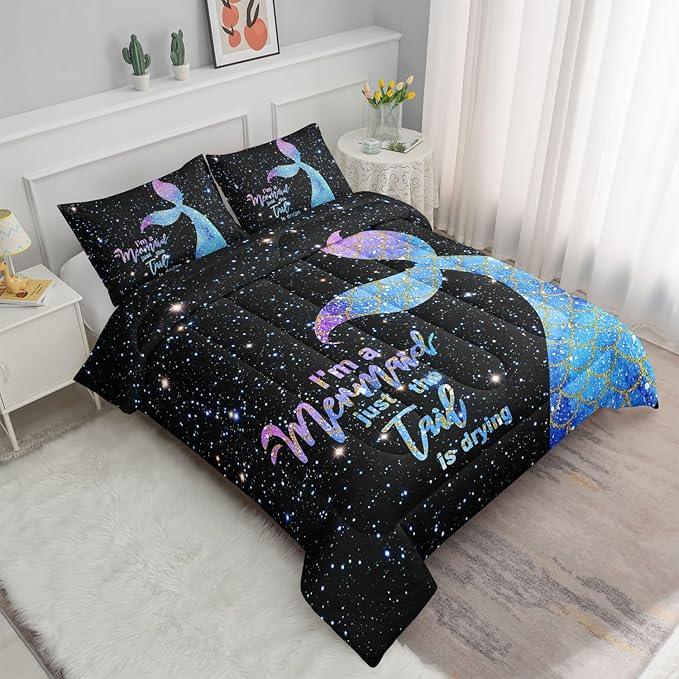 Bedding Comforter Set Black Starry Sky Mermaid Printed Pattern Quilt with 1 and 2 Pillowcases for Girls Bedroom All Season(Black Full) Full 80x90inches