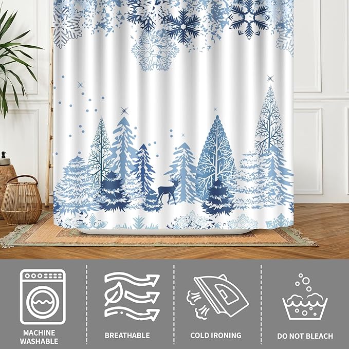 Winter Snow Forest Shower Curtain 72x72 Inches,Christmas Snowflake Snowy Trees Waterproof Polyester Fabric Bathtub Curtain Set with Hooks for Xmas Season Theme Bathroom Decor
