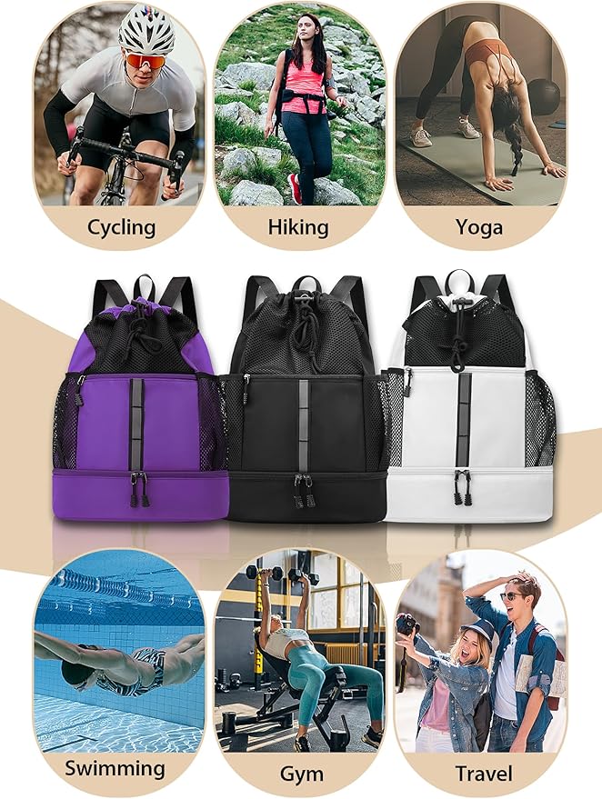 U.helper Waterproof Gym Drawstring Backpack, Sports Sack with Shoes Compartment & Wet Pockets for Ball/Beach/Swim Training (Purple)