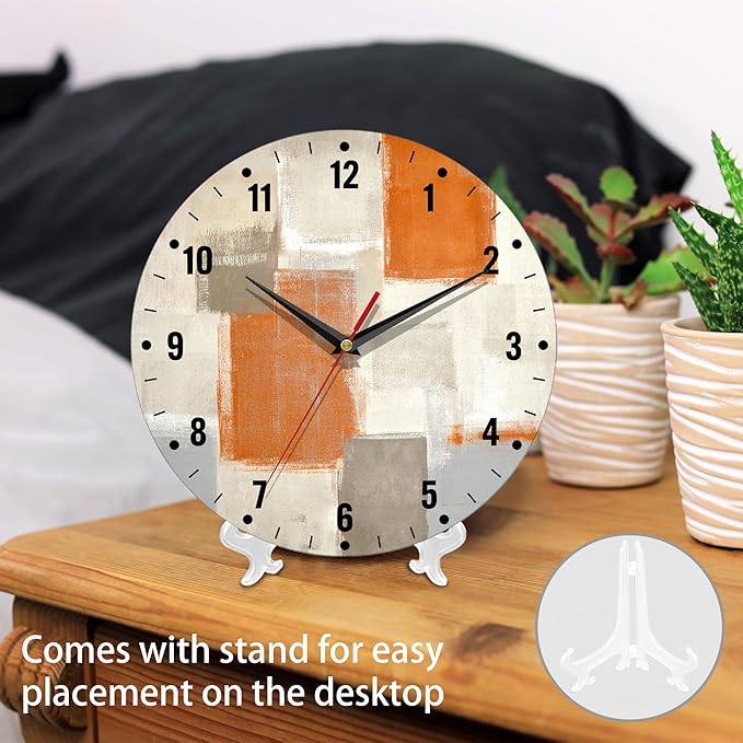 SPUNKER Clocks for Living Room,Orange Modern Art Wall Clock Battery Operated 10 Inch,Abstract Painting Round Clock Silent Non-Ticking Wall Decor for Farmhouse Office Home School Living Room Bedroom