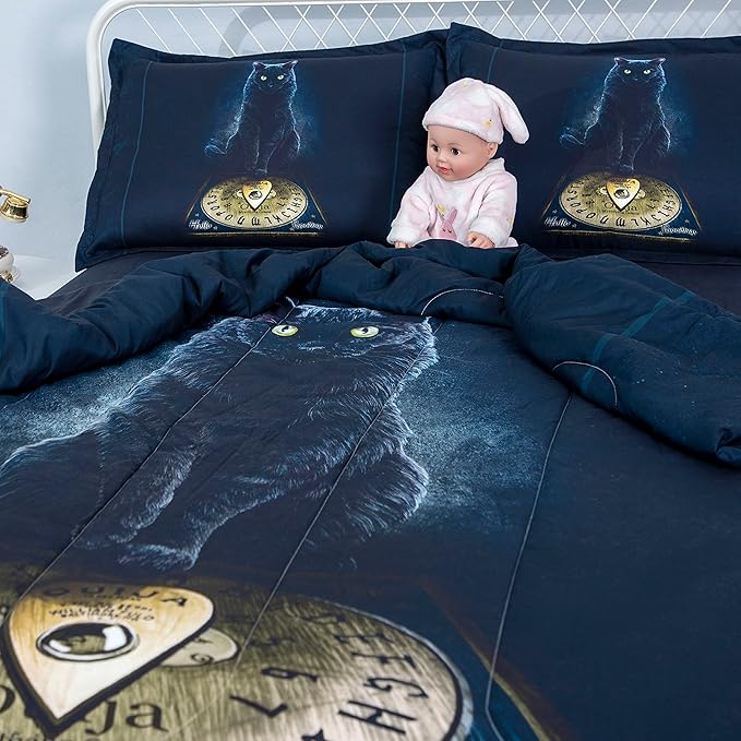 Black Cat Comforter Set,3D Cartoon Cat Comforter Twin,Animals Print Bedding Set for Kids Girls Boys Cat Quilt Set with 1 Comforter and 2 Pillow Cases Bedroom Decor