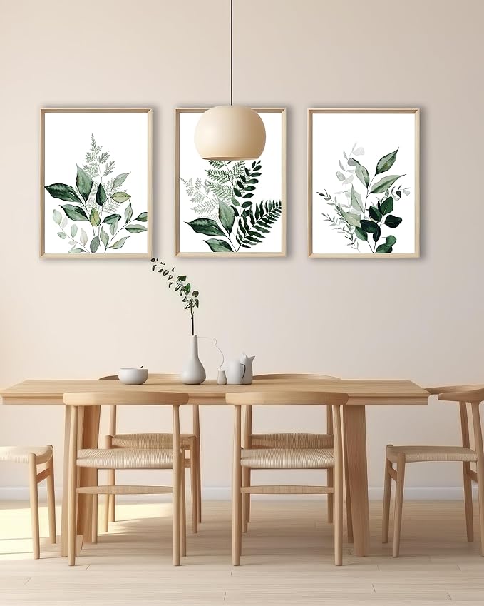 UPWOIGH Framed Green Wall Art(No Plexiglass), Olive Leafs Canvas Wall Art,12x16in Botanical Wood Bohemia Sage Wall Decor Prints Artworks for Bathroom Bedroom, Plant Neutral Wall Art Set of 3