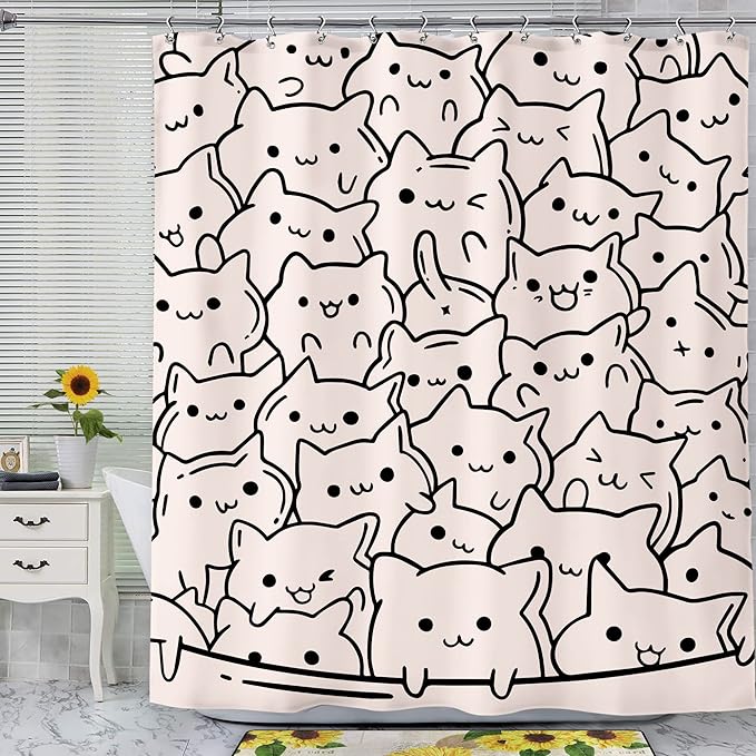 SVBright Funny Cats Shower Curtain 60Wx72L Inch Cute Pink Cartoon Kitty Kitten Animal Simple Line Humor for Kids Girls Lovely 12 Pack Hooks Polyester Waterproof Fabric Bathroom Bathtub Panels