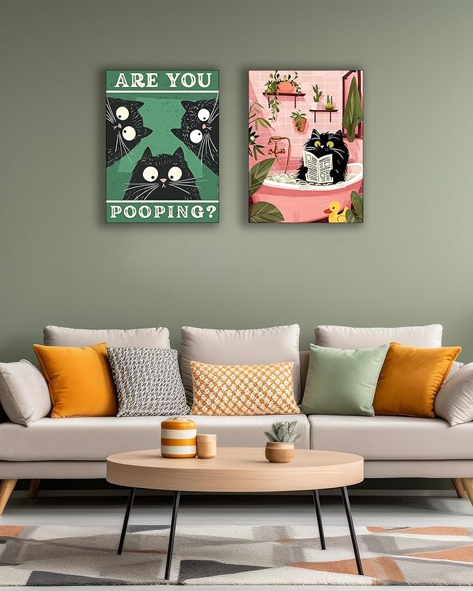 UPWOIGH Bathroom Wall Art Decor, Black Cat Reading the Newspaper Wall Art, Waterproof Wood Framed Canvas Wall Art Animals Abstract Prints, 12"x16" High-end Pictures for Dormitory Kids Room