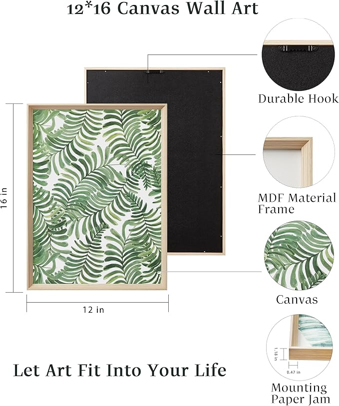 UPWOIGH Framed Green Wall Art(No Plexiglass), Palm Leaves Canvas Wall Art,16x12in Botanical Wood Bohemia Sage Wall Decor Prints Artworks for Living Room Bedroom, Plant Neutral Wall Decor Set of 3