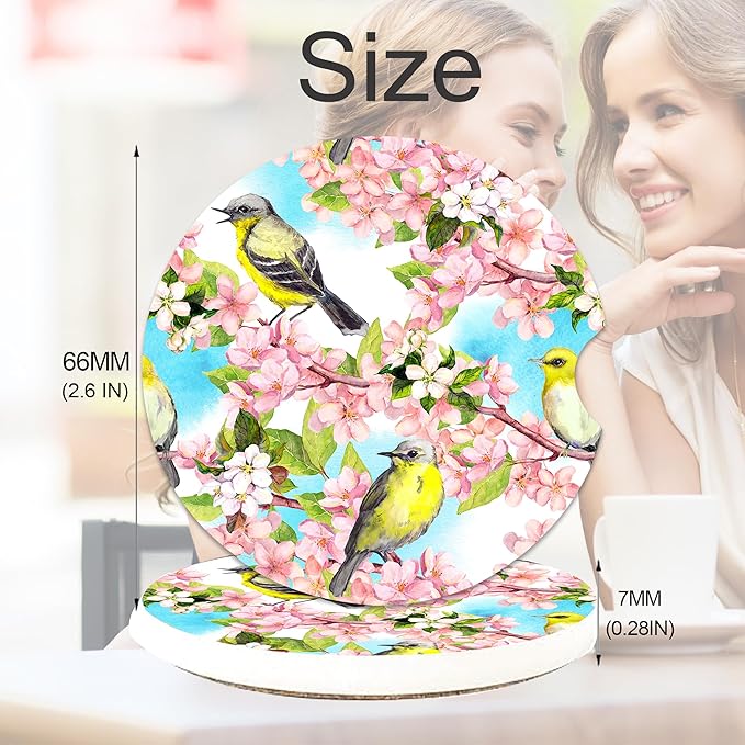 Spring Flowers Blossom and Birds Car Cup Holder Coasters, 2 Pack Cup Coasters Car Accessories Interior Aesthetic for Men Women, Absorbent Ceramic Coaster with Cork Back, Retro Car Decoration Gifts