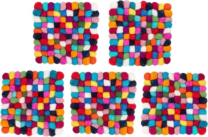Square Felt Ball Coasters - 100% Merino Wool Table Coasters - Felt Coaster Pads, Absorbent Trivet for Drinks - Heat Resistant, Thick & Durable Hand Felted in Nepal by Woolygon- Multicolor - Set of 5