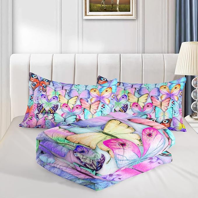 BSNTHO Blue Butterfly Comforter Set Watercolor Tie Dye Bedding Set Flying Butterflies Printed Duvet for Girls Queen 1 Comforter 2 Pillowcases for All Season