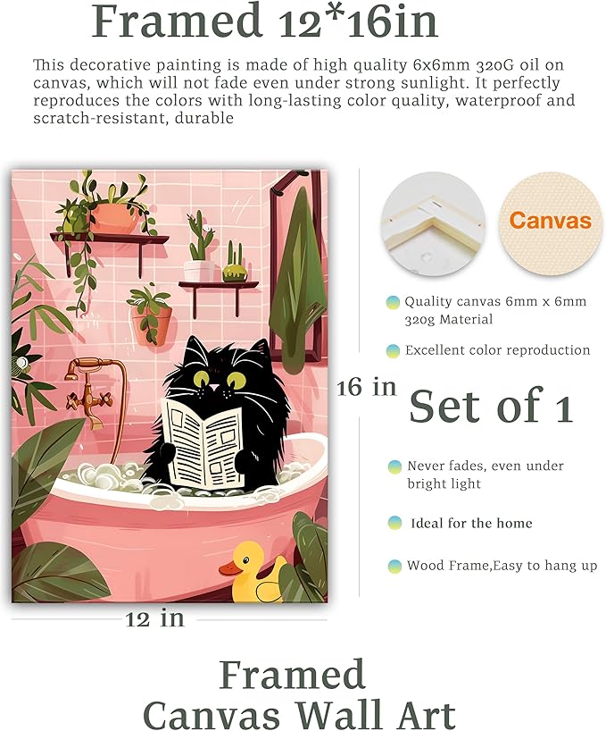 UPWOIGH Bathroom Wall Art Decor, Black Cat Reading the Newspaper Wall Art, Waterproof Wood Framed Canvas Wall Art Animals Abstract Prints, 12"x16" High-end Pictures for Dormitory Kids Room
