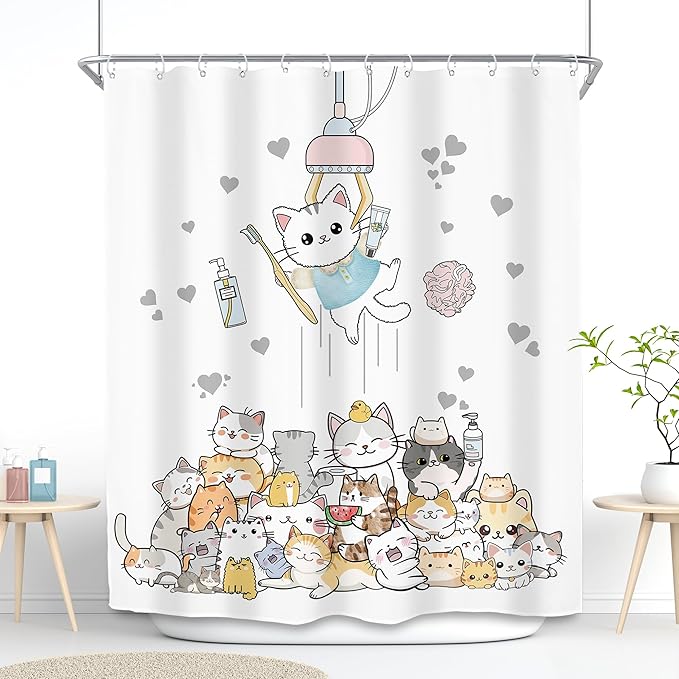 SVBright Funny Cat Shower Curtain 60Wx72L Inch Kids Cute Kitten Cartoon Children Animal Pets Fun Hilarious Lovely Boys Girls Toddler 12 Pack Hooks Polyester Waterproof Fabric Bathroom Bathtub Panels