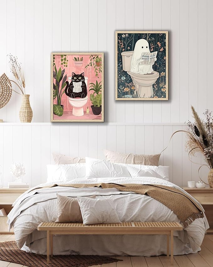 UPWOIGH Beige OAK Framed Wall Art, Black Cat Reading the Newspaper Poster, Wood Canvas Wall Decor,Animals Abstract Prints, 12"x16"High-end Pictures for Bathroom Bedroom,1 Pack