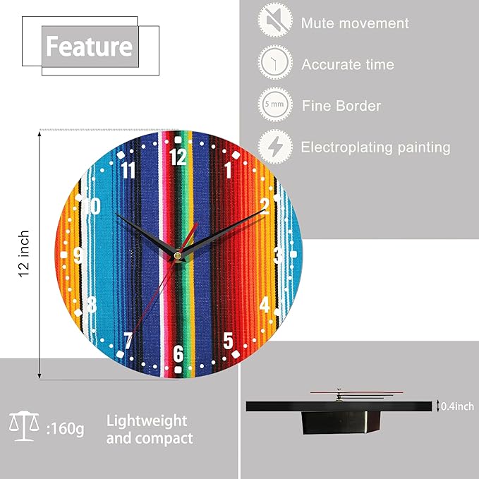 SPUNKER Wall Clocks,Colorful Mexican Wall Clocks for Living Room Decor,Stripes Lines Art Kitchen Clocks Wall Battery Operated - 10 Inch Round Bathroom Wall Clock Silent Non-Ticking