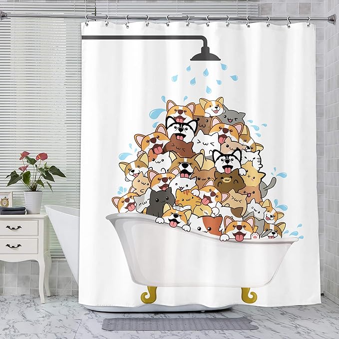 SVBright Funny Dog Shower Curtain Kids Cute Corgi Raining Cartoon Animal 72Wx72L Inch Hilarious Pets Playing Water12 Pack Hooks Polyester Waterproof Fabric Bathroom Bathtub Panels