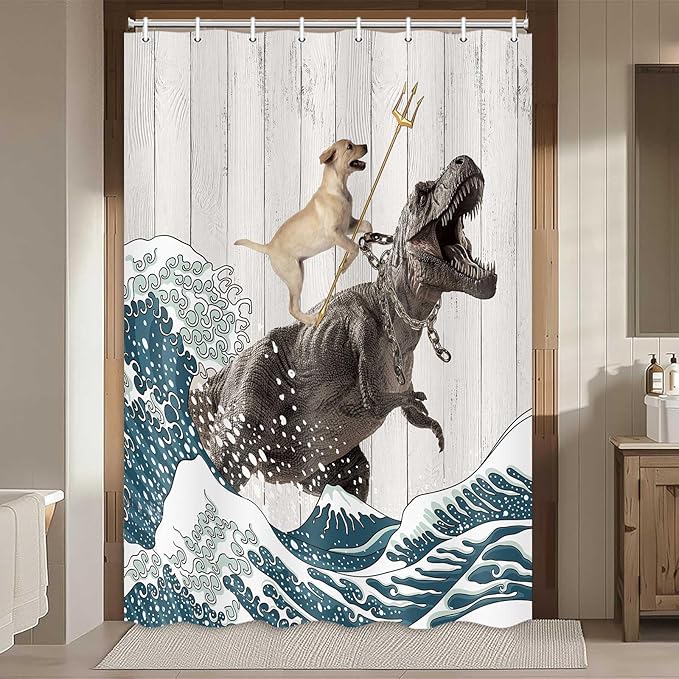 Boziqr Funny Dog Shower Curtain, Japanese Ocean Wave Dinosaur Rustic Barn Door Decor Fabric Bathroom Curtains Set, Cute Animal Kids Polyester Fabric Waterproof, 48 X 70 Inches