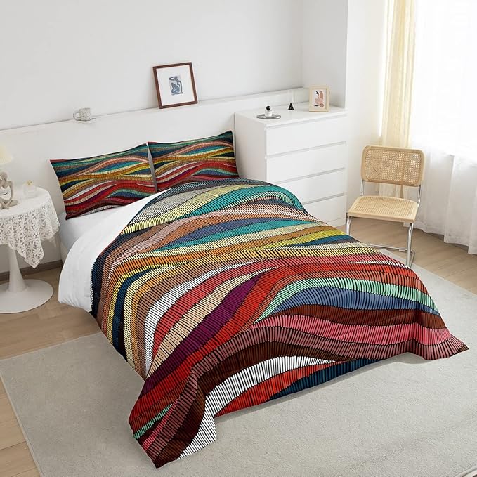 Boho Comforter Set Twin Bohemian Wavy Bedding Rainbow Embroidered Waves Bedding Comforter Sets Geometric Tribal Ethnic Bedroom Decor Colorful Abstract Lightweight Duvet Insert for Adult