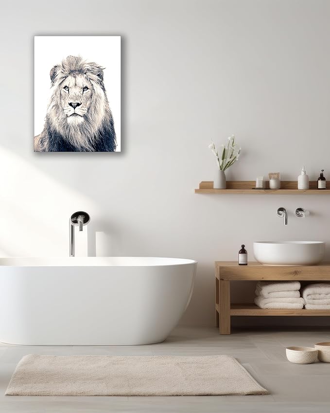 UPWOIGH Bathroom Wall Art Decor, Black and White Lion Wall Art, Waterproof Wood Framed Canvas Wall Art Animals Abstract Prints, 12"x16" High-end Pictures for Dormitory Kids Room 1 Pack