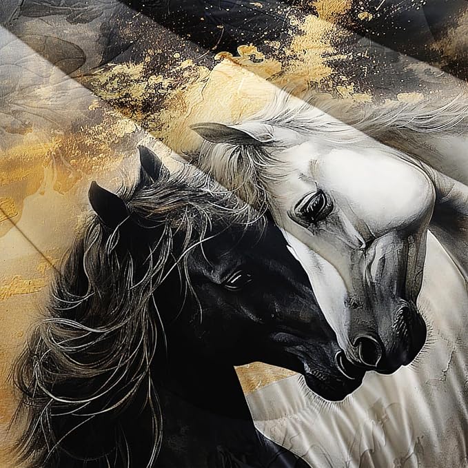 Black White Horses Comforter Set Queen Size,Golden Ink Painting Flora Bedding Set for Kids and Adults Bedroom Horse Decor,Wild Animal Theme Art Aesthetics Comforter Set with 2 Pillowcases.