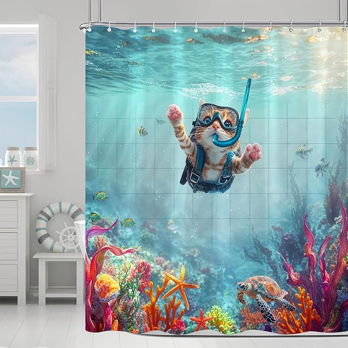 Yeoiat Dinosaur Shower Curtain Funny Shower Curtain Cat Ocean Shower Curtains for Bathroom Cute Shower Curtain Set with 12 Hooks Cat-01 72×72 Inches