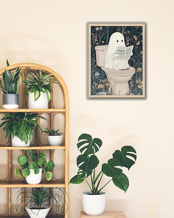 UPWOIGH Beige OAK Framed Ghost Wall Decor- Halloween Wall Art Prints, Halloween Posters Decor, 12" x 16" Cute Ghost Decor, Aesthetic Pictures Wall Decor for Bathroom Bedroom,1 Pack