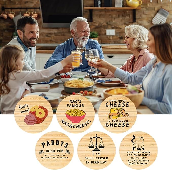 Sunny in Philadelphia TV Show Themed Merchandise for Fans, Funny Drink Coasters with Coaster Holder Set of 6, Cute Coasters for Drinks, Bar Cork Coasters for Coffee Desk Table