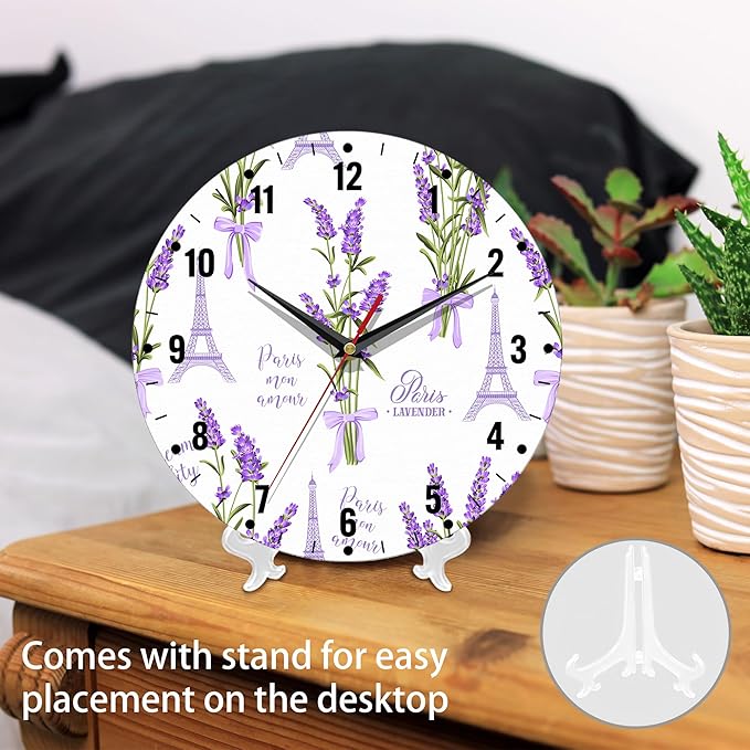SPUNKER Clocks for Living Room,Lavender Flowers Wall Clock Battery Operated 10 Inch,Eiffel Tower Round Clock Silent Non-Ticking Wall Decor for Farmhouse Office Home School Living Room Bedroom