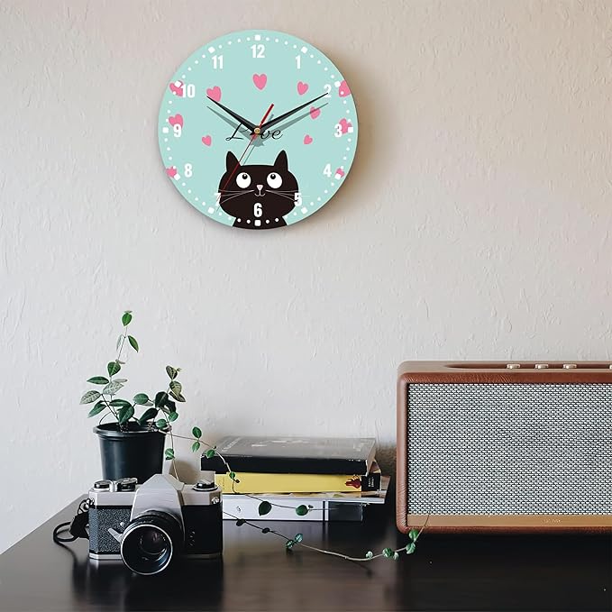SPUNKER Clocks for Living Room,Cute Black Cat 10 Inch Wall Clock,Red Love Heart Small Battery Operated Wall Clocks Decorative for Kitchen/Living Room/Bedroom/Bathroom/Dining Room