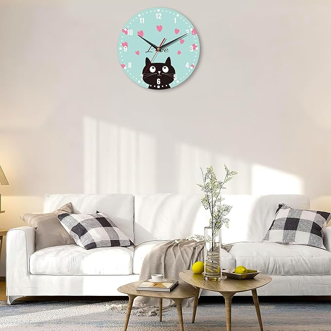 SPUNKER Clocks for Living Room,Cute Black Cat 10 Inch Wall Clock,Red Love Heart Small Battery Operated Wall Clocks Decorative for Kitchen/Living Room/Bedroom/Bathroom/Dining Room
