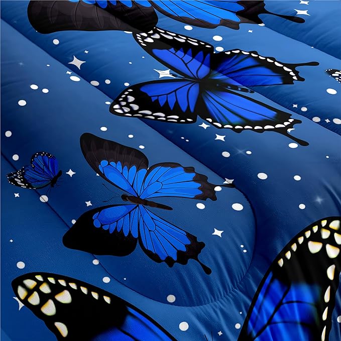 Blue Butterfly Bedding Set for Girls - Queen Size Quilt Set with Sparkle Stars Prints, 1 Comforter + 2 Pillowcases
