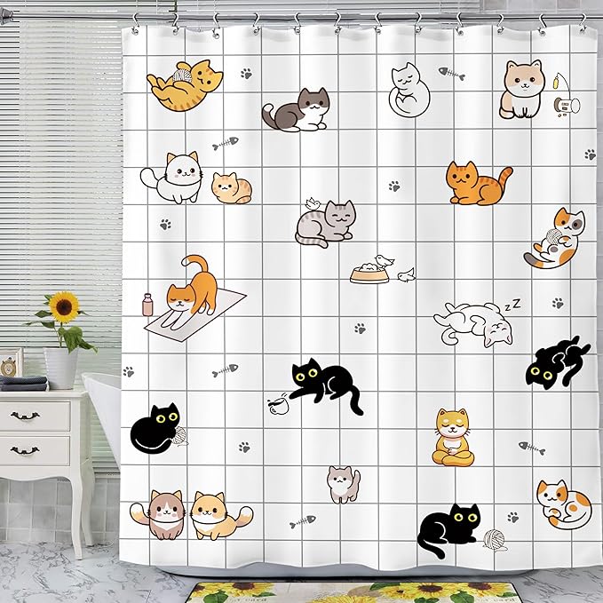 SVBright Cute Cat Shower Curtain 60Wx72L Inch Kids Cartoon Funny Kitty Animal Hilarious Lovely Pets Paw Print Boys Girls Newborn 12 Pack Hooks Polyester Waterproof Fabric Bathroom Bathtub Panels