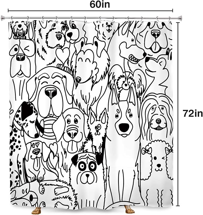 SVBright Funny Cute Dog Shower Curtain 60Wx72L Inch Cartoon Black and White Lovely Animals Silhouette for Kids Kawaii Cool Rustic 12 Pack Hooks Polyester Waterproof Fabric Bathroom Bathtub Panels