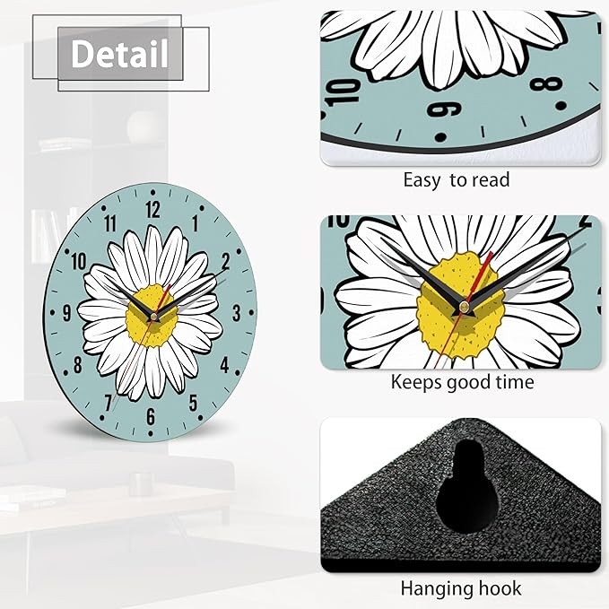 SPUNKER Clock for Bedroom,White Daisy Wall Clocks for Living Room Decor,Summer Flower Kitchen Clocks Wall Battery Operated - 10 Inch Round Bathroom Wall Clock Silent Non-Ticking