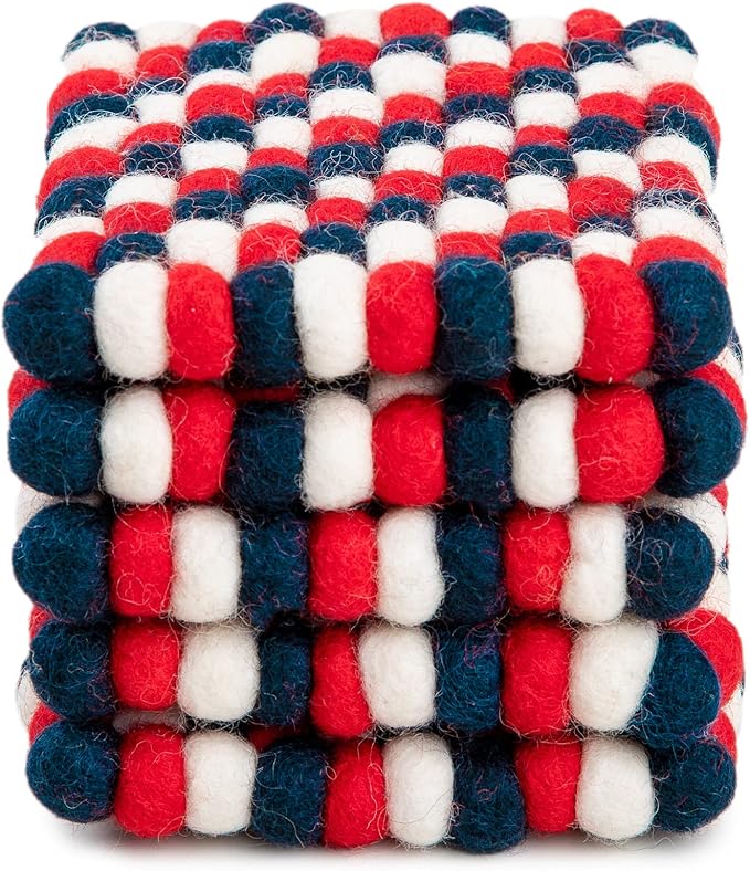 Square Felt Ball Coasters - 100% Merino Wool Table Coasters - Felt Coaster Pads, Absorbent Trivet for Drinks - Heat Resistant, Thick & Durable Hand Felted in Nepal by Woolygon- Multicolor - Set of 5