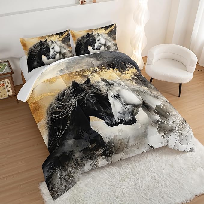 Black White Horses Comforter Set Full Size,Golden Ink Painting Flora Bedding Set for Kids and Adults Bedroom Horse Decor,Wild Animal Theme Art Aesthetics Comforter Set with 2 Pillowcases.