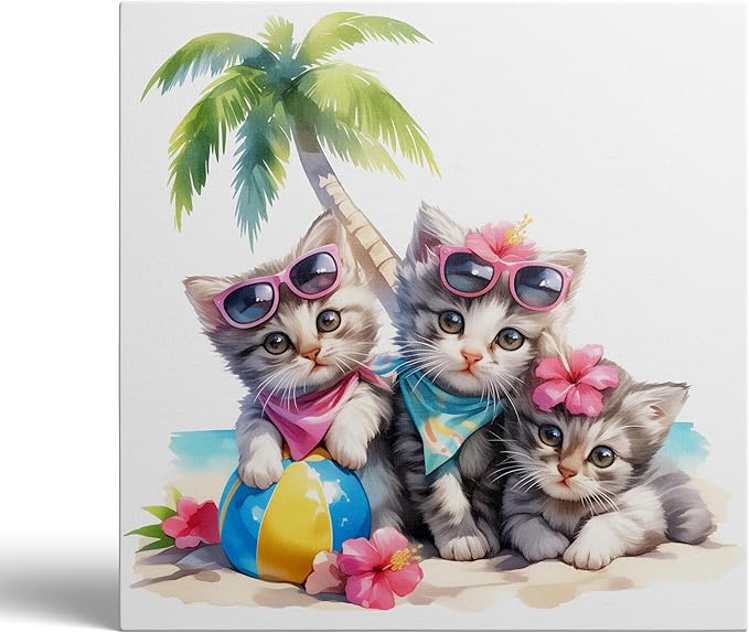 Ypxzzj Cute Kittens in Summer Vacation Canvas Wall Art, Three Kittens Under a Coconut Tree Printing Picture Cute Animal Cats with Glasses for Living Room Bathroom Framed Ready to Hang (14''x14'')