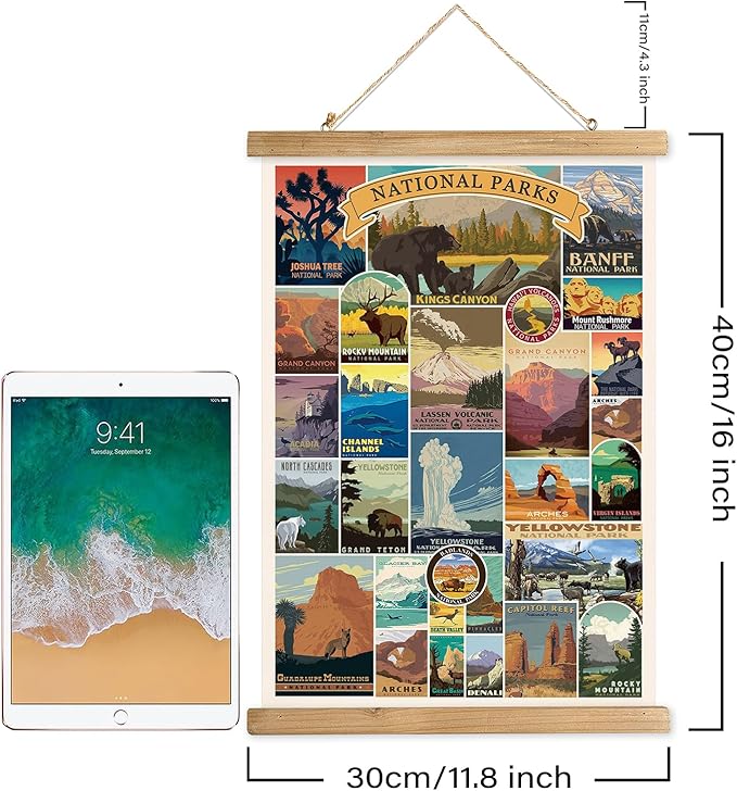XIAOAIKA USA National Parks Retro Poster Collection - Illustrated Travel Destinations with Wooden Hanger - Vintage Wall Art for Outdoor Enthusiasts and Explorers 12 x 16 Inches