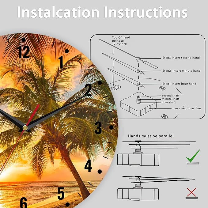 SPUNKER Wall Clocks,Palm Trees Sunset 10 Inch Wall Clock,Sea Beach Small Battery Operated Wall Clocks Decorative for Kitchen/Living Room/Bedroom/Bathroom/Dining Room