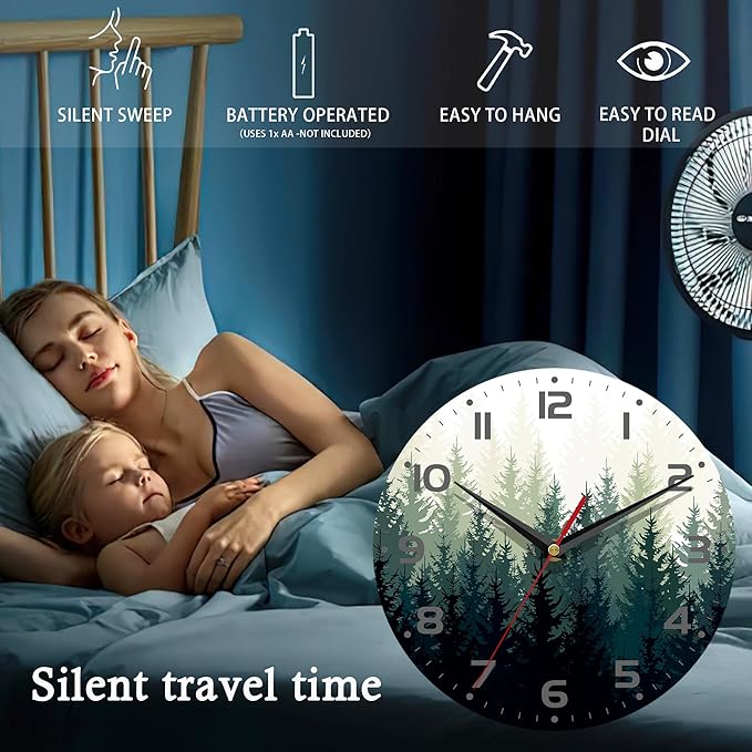 Wall Clock, 10 Inch Silent Non-Ticking Home Kitchen Decor, Battery Operated for Bathroom Bedroom Living Room Office(Misty Forest)