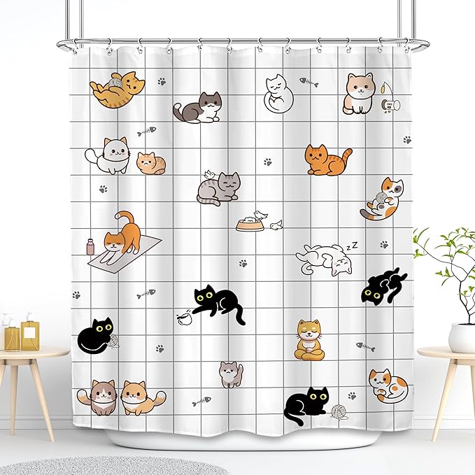 SVBright Cute Cat Shower Curtain 60Wx72L Inch Kids Cartoon Funny Kitty Animal Hilarious Lovely Pets Paw Print Boys Girls Newborn 12 Pack Hooks Polyester Waterproof Fabric Bathroom Bathtub Panels