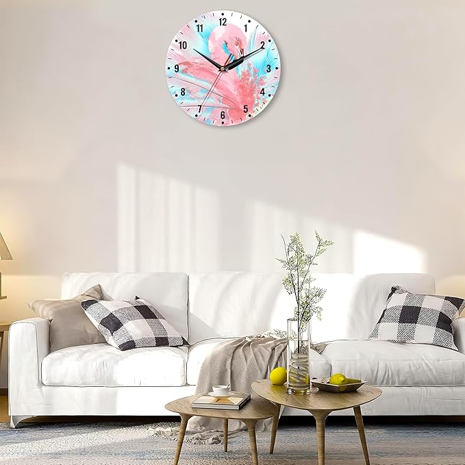 SPUNKER Wall Clocks,Pink Flamingo 10 Inch Wall Clock,Abstract Blue Feathers Small Battery Operated Wall Clocks Decorative for Kitchen/Living Room/Bedroom/Bathroom/Dining Room