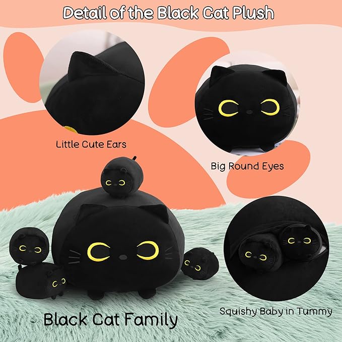 SQEQE Black Cat Plush, Cat Stuffed Animals Plushie with 4 Cute Babies Cat Plushies in Her Tummy, Soft Plushie Pillow Gifts for Kids