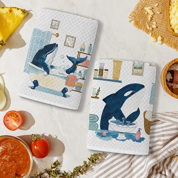 Whale Shark Decor Beach Hand Towels for Bathroom Set of 2, Nautical Bathroom Decor, Ocean Beach Themed Waffle Weave Dish Towels 18x26 Inch