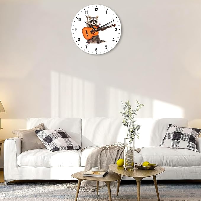 SPUNKER Clock for Bedroom,Funny Raccoon Kitchen Wall Clock,Acoustic Guitar Rock Clocks 10 Inch Silent Non-Ticking Wall Battery Operated for Living Room Bedroom Bathroom Laundry Room Decor