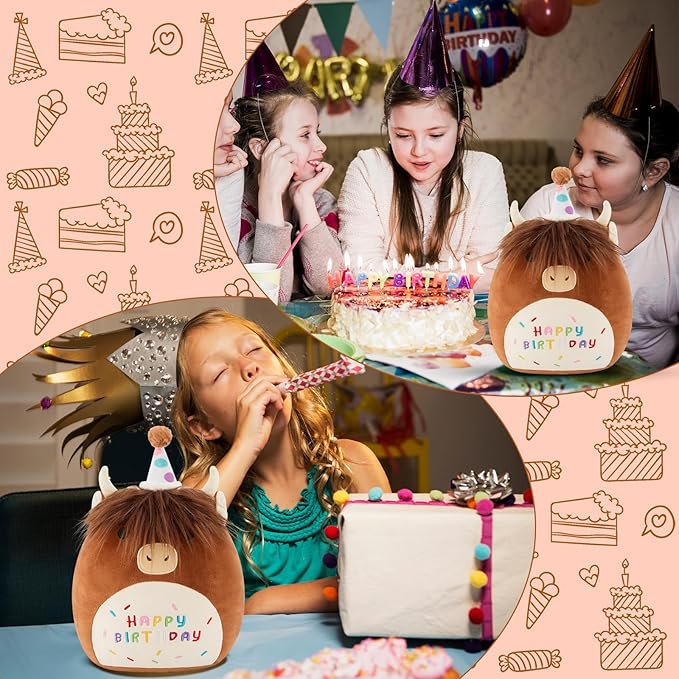 SQEQE Happy Birthday Highland Cow Plush Cute Cow Stuffed Animal Toy Brown Cow Plushies Doll Home Decor for Kids Girls Boys(Cow, 10 Inch)
