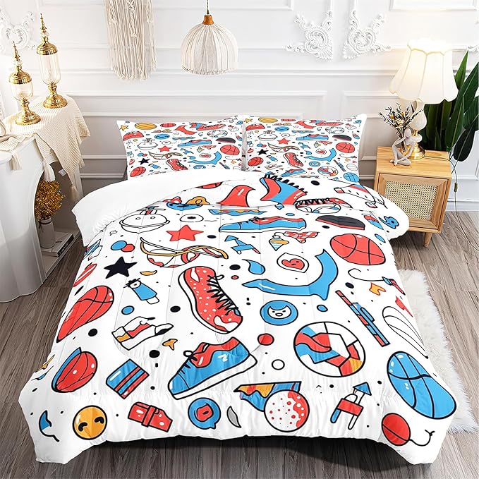 Sports Adventure Comforter Set Full Size Cartoon Basketball Baseball and Football Designs Bedding Set for Teens Kids Boys Girls Room Decor 1 Comforter and 2 Pillow Cases