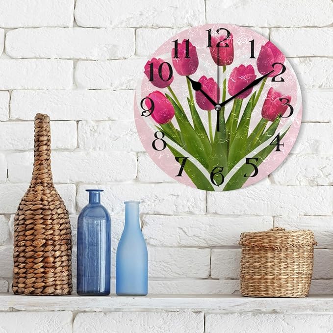 Tulip Wall Clock Modern Silent Non-Ticking Kitchen Clock Pink Rose Flower Decorative Round Clocks 9.5 in Battery Operated Quartz Analog Desk Clock Living Room Bathroom Garden Home Decor