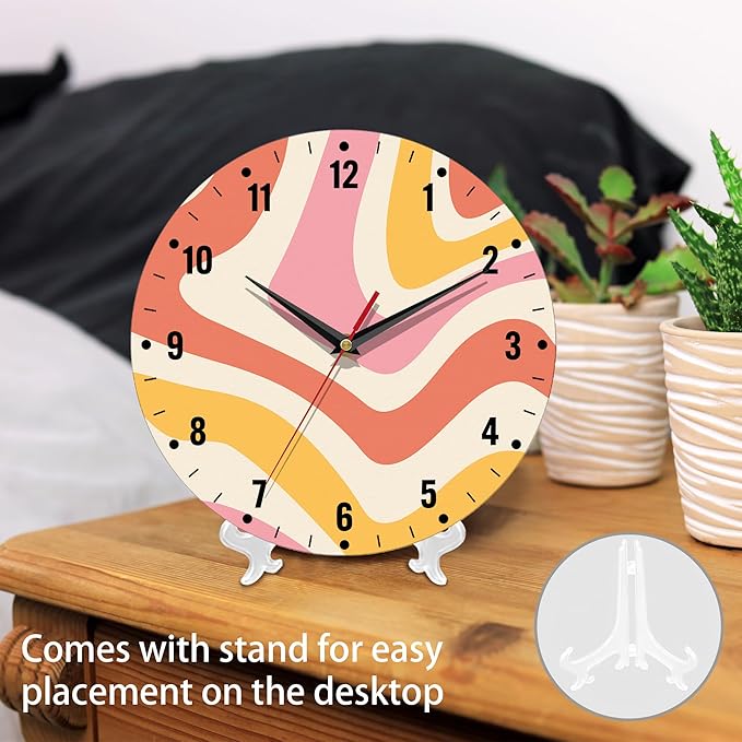 SPUNKER Clock for Bedroom,Colorful Waves Wall Clock Battery Operated 10 Inch,Retro 70s Round Clock Silent Non-Ticking Wall Decor for Farmhouse Office Home School Living Room Bedroom