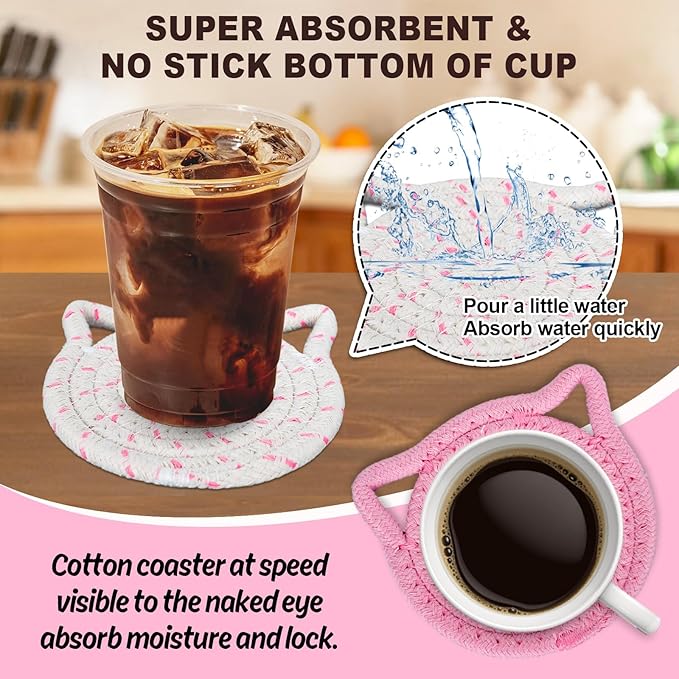 Whaline Cat Ears Coaster Set Hot Pink Handmade Braided Cotton Coasters Non-Slip Absorbent Drink Coasters with Holder for Graduation Birthday Housewarming Gifts Home Decor, 4Pcs