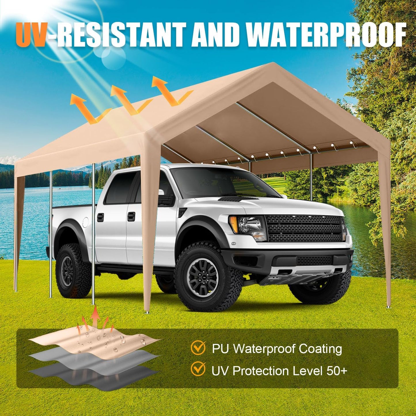 12'x20' Canopy Replacement Cover,Beefull Carport Replacement Canopy for Car Garage, Waterproof & UV Protected Tarp with Ball Bungees, Beige(Frame is not Included)