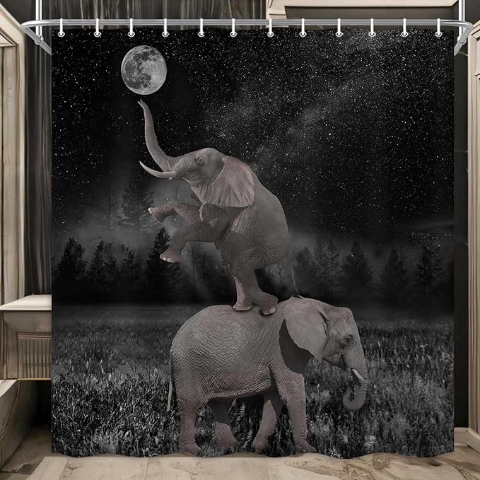 Boziqr Funny Shower Curtains for Bathroom, Cute Elephant Moon Forest Bath Curtain, Rustic Farmhouse Decor Polyester Fabric Fun Cool Animals Black 70 x 78 Inches