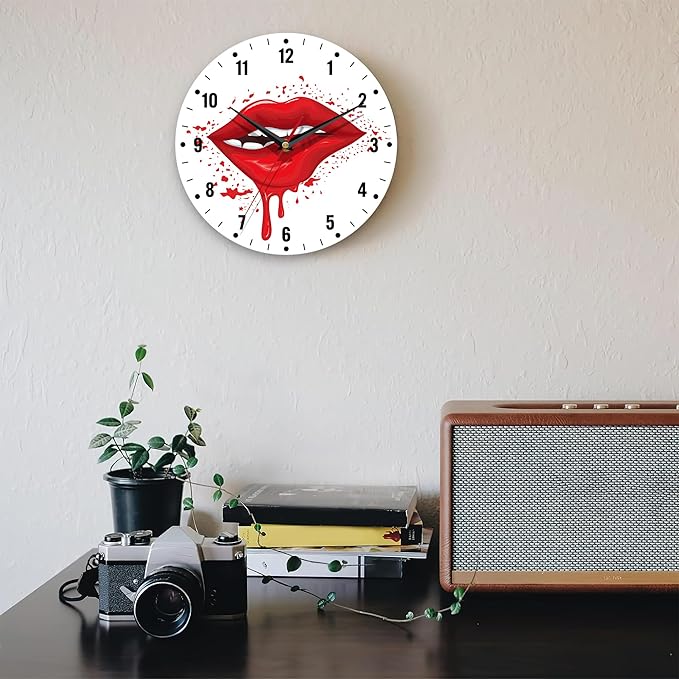 SPUNKER Clock for Bedroom,Red Lip Wall Clocks,Woman Sexy Biting Lips Battery Operated Wall Clock Silent Non-Ticking Decorative for Home Kitchen Bathroom Living Room Bedroom Office 10 Inch
